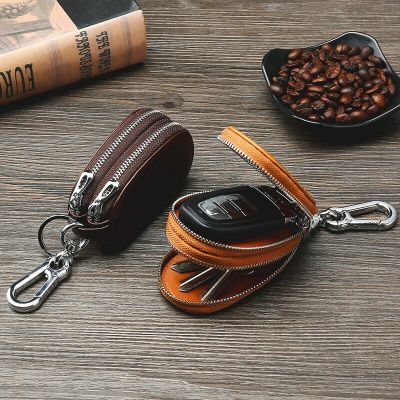 Genuine Leather Car Key Case Cover Remote Keyring Pouch Moto Keychain Holder Double Keys Slot Zipper Design Waist Ring Wallet