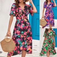 Tropical Bohemian พิมพ์ชุดสำหรับสตรี Tucked In เอว Slit แขนสั้น Casual Maxi Dress 2023 Summer Beach Holiday Vestido