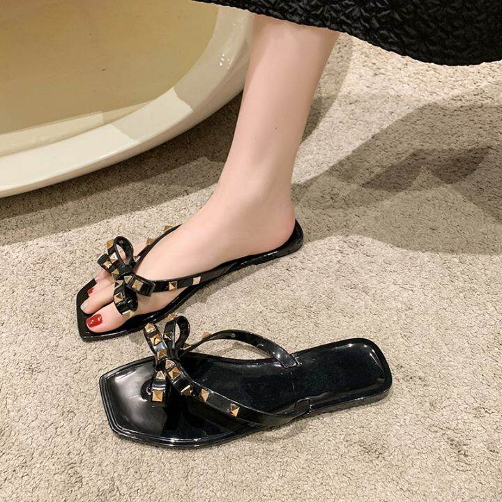 ขายดีที่สุด-ioztt2023-๑-size-2023hot-sale-fashion-women-39-s-flip-flops-shoes-beach-rivet-big-bow-flat-sandals-jelly