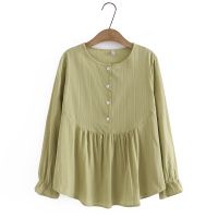 【มีไซส์ใหญ่】Plus Size XL-4XL Womens Solid Color Full Cotton Muslimah Fashion Tops Ladies Long Sleeved Vintage Blouses Oversized Casual Blusas