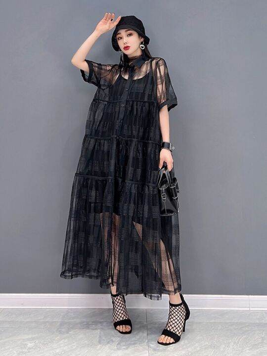 xitao-shirt-dress-fashion-casual-mesh-women-solid-color-dress