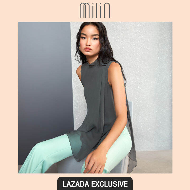 exclusive-milin-sheer-chiffon-ribbon-on-shoulder-high-neck-sleeveless-tunic-เสื้อแขนกุด-คอสูง-ทรงปล่อย-ดีเทลสายยาวบริเวณไหล่-ผ้าชีฟอง-villa-top