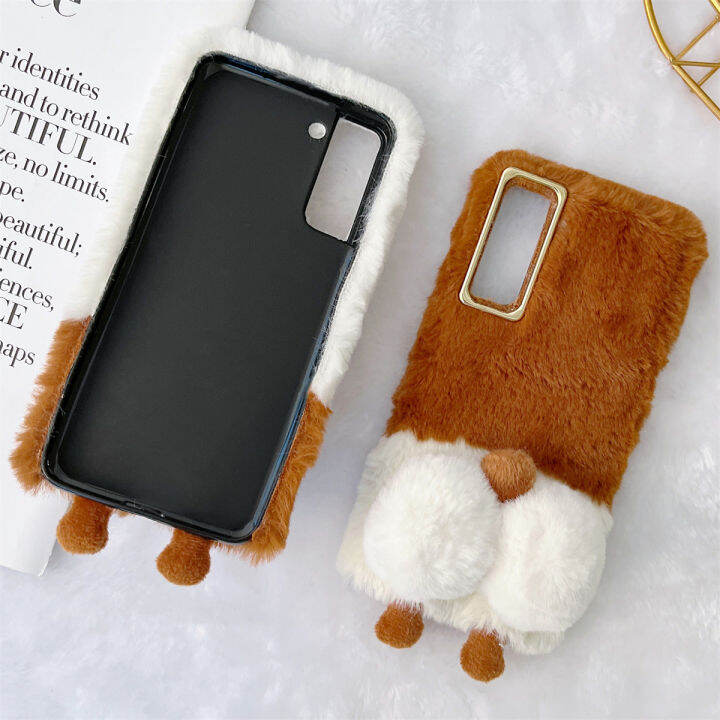 สำหรับ-oppo-reno2-reno3-reno4-reno5-reno6-reno7-z-ค้นหา-x3-pro-furry-case-น่ารัก-corgi-สุนัขหางกรณีกลับ-super-นุ่มตุ๊กตาของเล่น-plush-faux-fur-ขนปุยป้องกัน