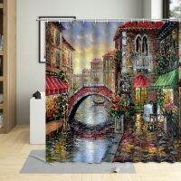 European Architecture Shower Curtain Ldyllic Seaside Village Landscape Oil Painting Gardening Sea View House Bathroom Curtains