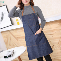 ?【Lowest price】YUE ผู้ใหญ่ DENIM BLUE Cooking KITCHEN ร้านอาหารทำงานเอี๊ยมผ้ากันเปื้อนชุดพร้อมกระเป๋า