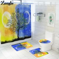 Bath Mat and Home Decor Shower Curtain Set Flannel Toilet Mats Painting Style U-Shaped Toilet Rug with Toilet Seat Cover Mat Set