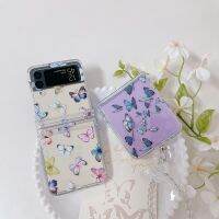 เคสโทรศัพท์พับได้ลายผีเสื้อดอกไม้ INS สำหรับ Samsung Galaxy Z Flip5ใส3 In 1ป้องกันการตกฝาครอบป้องกันสำหรับ Z Flip 5 Flip Z 5โปร่งใสพร้อมจี้สร้อยข้อมือ