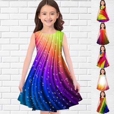 〖jeansame dress〗2022ฤดูร้อนสาว3D ดอกไม้พิมพ์ชุดเด็กสาวพรรคแขนกุดชุดเจ้าหญิงถัง3D พิมพ์ชุดดอกไม้สวยสำหรับสาวๆ