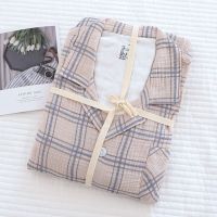 MUJI MUJI unprinted plaid pajamas for men spring and autumn pure cotton gauze double-layer thin loose large size long-sleeved home clothes suit