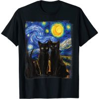 Top Tees NEW LIMITED Starry Night Van G0gh ภาพวาดที่มีชื่อเสียงแมวดำ Tee เสื้อยืด S-3XL