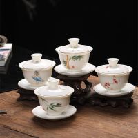 Gaiwan เครื่องเคลือบหยกเนื้อแกะที่มีไขมันทำมือใต้เคลือบหม้ออบเซรามิกไม่มีตะกั่วชามมีฝาถ้วยจานรองแก้วฝาในประเทศจีน