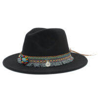 Mistdawn Fashion Men Women Wool Panama Hat Jazz Church Godfather Fedora Cap Bohemia Tassel Ribbon Band Size 56-58cm