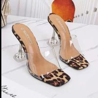 Women Sandals High Heel Shoes Summer Leopard Print PVC Transparent Fashion Square Toe Open Toe Womens Shoes