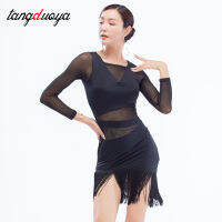 สตรีละติน Tango Ballroom Dance Dress Sheer ตาข่าย Patchwork Fringed Performance เครื่องแต่งกาย Party Club ชุดแขนยาว Sleeveles