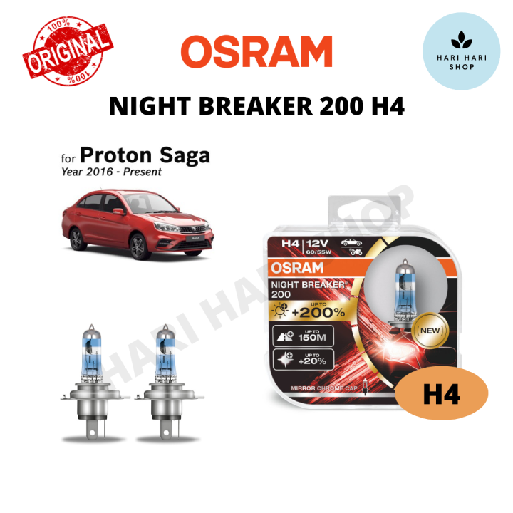 Original Osram Night Breaker 200 H4 Set (2 Bulbs) +200% Brightness for  Proton Saga VVT (Year 2016-Present)