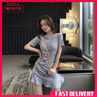 Imixcity ชุดเดรสสตรี Slimming Black Mid-Length Casual Ruffled Drawstring Short-Sleeve Dress