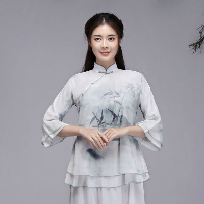 ชุดเดรสชาประจำชาติผ้าชีฟองจีนเซนพิมพ์ลายหมึกไม้ไผ่เสื้อจีนผู้หญิง + กางเกงขาม้า