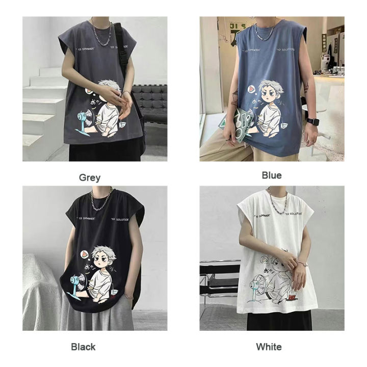 asrv-เสื้อยืดผู้ชาย-เสื้อกล้ามชาย-เสื้อแขนกุดชาย-เสื้อกล้ามกีฬาคอกลมหลวมของผู้ชายพิมพ์ลายการ์ตูนเสื้อยืดลำลองแขนกุด