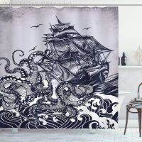 【CW】✸  Shower Curtain Tentacles with Ship Sail Old Boat In Fabric Set Hooks