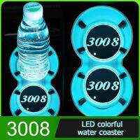 แผ่นไฟ Led หลากสีแผ่นถ้วยน้ำเสื่อกรูฟ Selimut Mobil ถาดรองแก้วน้ำสำหรับรถยนต์เปอโยต์3008