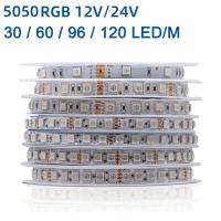 แถบไฟ LED 5M 12V 24V DC RGB 30LEDsm 60LEDsm 96LEDsm 120LEDsm SMD 5050เทปไฟ LED Fleksibel 8Mm 10Mm PCB สำหรับ Hiasan