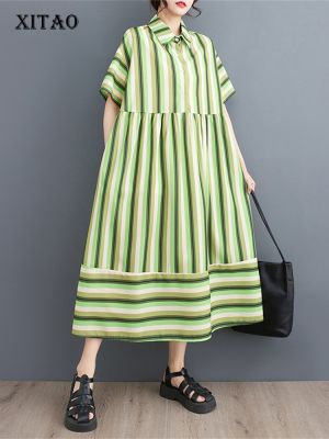 XITAO Dress Fashion Goddess Fan Casual Loose Striped Shirt Dress