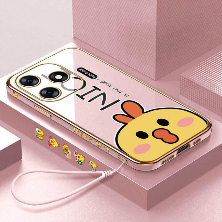 ggk-for-tecno-spark-10-spark-10c-ฟรีสายคล้องเคสลายการ์ตูนไก่ขอบสี่เหลี่ยมเคสโทรศัพท์ชุบหรูหราเคสโทรศัพท์นิ่ม