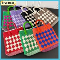 OVERCO ลายตารางขนมเปียกปูน กระเป๋าถือแบบถัก สีตัดกัน ถักนิตติ้ง กระเป๋าข้อมือปม ใช้ซ้ำได้ ความจุสูงมาก กระเป๋าใส่โทรศัพท์ สำหรับผู้หญิง