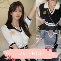 DD SHOPพร้อมส่ง T025 เสื้อไหมพรมแขนสั้นคอปก นักเรียนเกาหลีมากแม่  -C