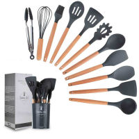 NFEYชุดเครื่องครัวซิลิโคนด้ามไม้สีเทาเข้ม11ชิ้น Nonstick Cooking Spatula Kitchen Set