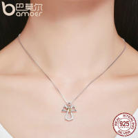 BAMOER Authentic 925 Sterling Silver Guardian Angel Heart Pendant Necklaces Dazzling CZ Luxury Sterling Silver Jewelry SCN123