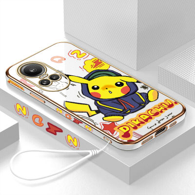 GGK สำหรับ OPPO Reno10 Pro 5G ฟรีสายคล้องน่ารักการ์ตูน Pikachu ขอบสี่เหลี่ยมลวดลายชุบเคสโทรศัพท์ชุบหรูหราเคสโทรศัพท์นิ่ม