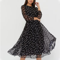 MOARCHO Casual Polka Dot Print Chiffon Dress Woman High Waist Lantern Sleeve A-Line Knee-Length Dress Holiday 2021 New Fashion