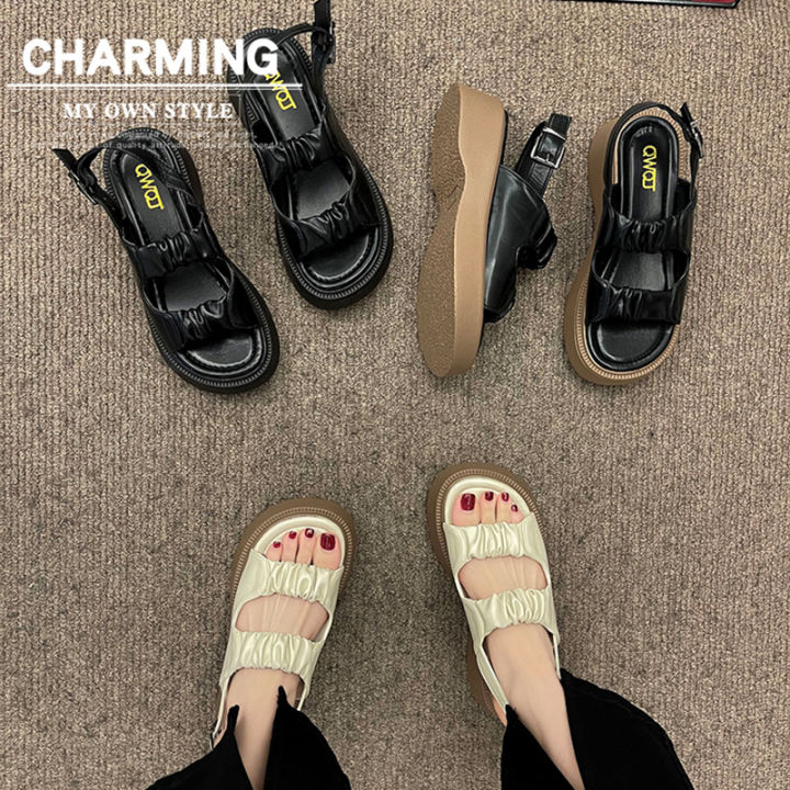 royallovers-ส่งจากไทย-รองเท้าแตะแนววินเทจผู้หญิงกระโปรงนักเรียนรุ่นใหม่รองเท้าชายหาดสไตล์โรมันเกาหลีพื้นหนาส้นกลางผู้หญิง