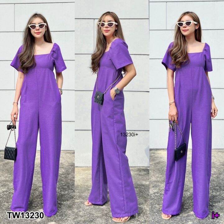 jumpsuit-จั๊มสูทขายาว-คอเหลี่ยมแขนสั้น-มีกระเป๋าสองข้าง-มีซิปหลัง-เนื้อผ้าลินิน