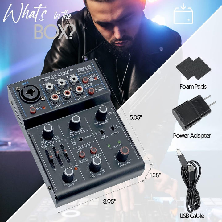 pyle-professional-wireless-dj-audio-mixer-3-channel-bluetooth-dj-controller-sound-mixer-w-usb-audio-interface-combo-jack-xlr-6-35mm-mic-line-guitar-in-3-5mm-rca-aux-headphone-jack-pad33mxubt