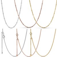 Real Rose Gold Beaded &amp; Curb Sliding Clasp Chain Adjust Basic 925 Sterling Silver Necklace For Europe Bead Charm DIY Jewelry