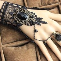 hang qiao shop Retro Style Vintage Black Water Droplets Shape Vampire Lady Girls Lace Chain Wristband Finger Bracelet