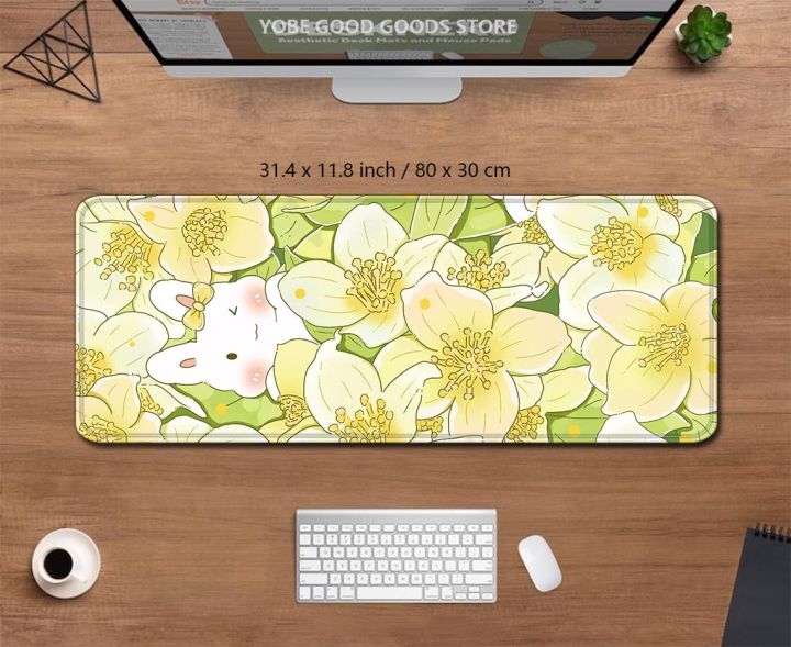 deskmats-kawaii-light-yellow-cute-rabit-flower-lofi-cartoon-aesthetics-mousepad-table-decoration-laptop-pc-accessories-mouse-pad