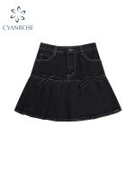 Korean High-Waist Slim Elegant Solid Color All-Match Denim Skirt Women Summer  Fashion Bow Pleated Denim Mini Skirt Female