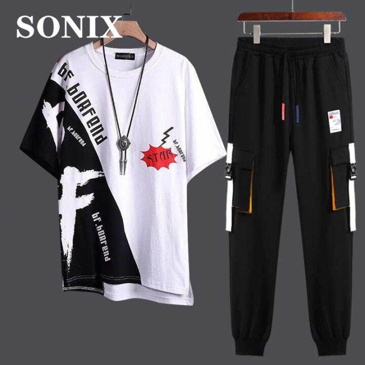 hnf531-sonix-เสื้อสเวตเตอร์มีฮู้ดผู้ชายเสื้อสเวตเตอร์แขนสั้นสไตล์ญี่ปุ่นเทรนด์ลำลอง2ชิ้นแฟชั่นวัยรุ่นสูทกีฬาเกาหลีสำหรับฤดูร้อน