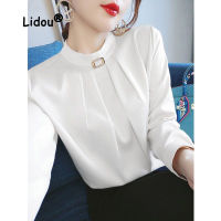 Autumn Fashion Solid Color Office Pleated Blouse Womens New High-quality Long Sleeve O-collar All-match Chiffon Lady Shirt 2022