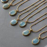 ☏❈™ Oval Aquamarine Pendant Necklaces Women Stainless Steel Plating Gold colour ​Clavicle Choker Temperament Female Jewelry Gift