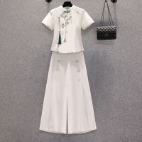 【CW】 Chinese Large Size Embroidered Top Hanfu Wide-leg Pants Oversized Women  39;s Two-piece Set