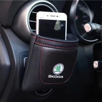 1 Pcs New Leather Skoda Car Logo Air Outlet Storage Pockets Mobile Phone Bag Car Debris Pockets