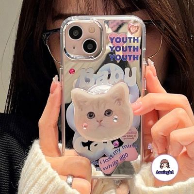 ♛❁❡ สําหรับ IPhone เคสโทรศัพท์มือถือ กันกระแทก ลายแมวน่ารัก พร้อมแหวนขาตั้ง ประดับเพชร 14 12 13