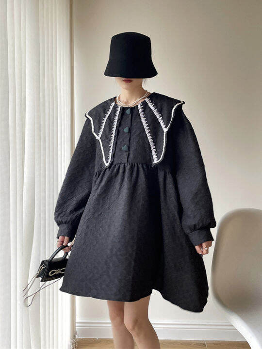 xitao-dress-loose-contrast-color-splicing-peter-pan-collar-long-sleeve-dress