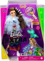 Barbie Extra Doll &amp; Accessories with Long Brunette Hair and Bling Clips in Multi-Colored Dress with Pet Crocodile GYJ78 ตุ๊กตาพิเศษบาร์บี้ &amp; เครื่องประดับผมยาวสีน้ำตาลและกิ๊บติดผมระยิบระยับในชุดเดรสหลากสีพร้อม GYJ78จระเข้สัตว์เลี้ยง