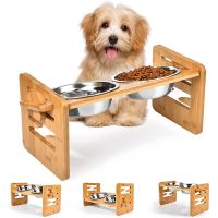 Bamboo Elevated Dog Bowls with Stand Adjustable Raised Puppy Cat Food Water Bowls Holder Rabbit Feeder for Small Medium Pet with