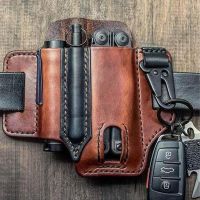 Multitool Sheath For Belt, Leather EDC Pocket Organizer For Men, Leatherman Sheath With Pen Holder, Key Fob, Flashlight Sheath, EDC Leather Pouch สีน้ำตาล